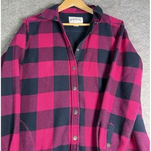 Orvis Womens Fleece Lined Buffalo Plaid Shirt Jacket Pink Navy Blue Snap Large
